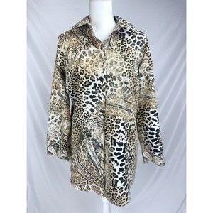 Chico’s Women Size 2 Tan Brown Black Animal Print Button Up Tunic Top Leopard